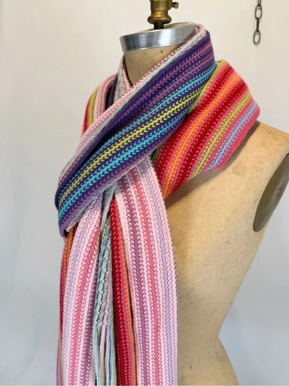 Rainbow scarf set of 4 long skinny crochet wrap fringe multicolor stripe y2k